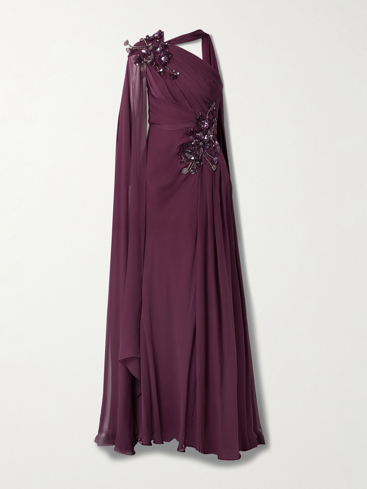 Zuhair Murad - Cape-effect Embellished Ruched Silk-chiffon Gown - Purple