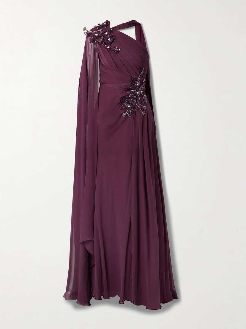 Zuhair Murad Cape-effect Embellished Ruched Silk-chiffon Gown - FR 34