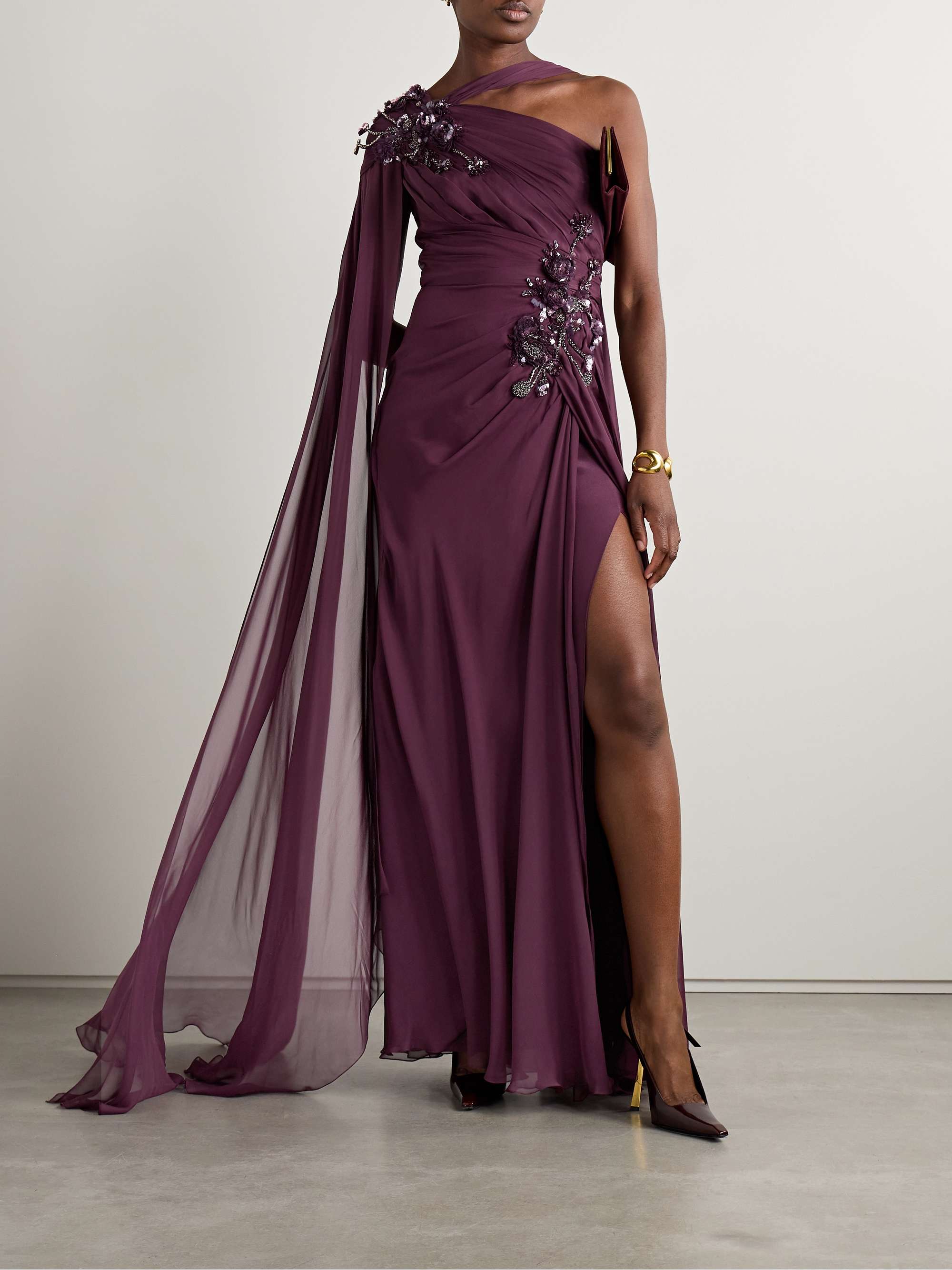 Cape effect embellished ruched silk chiffon gown
