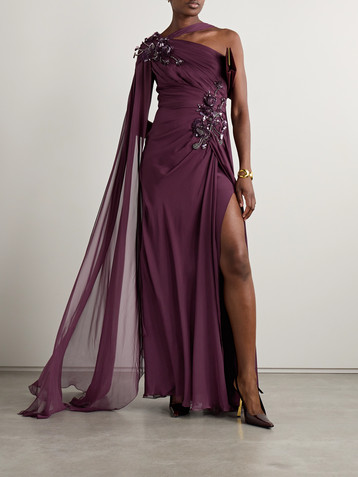 Zuhair Murad Cape-effect embellished ruched silk-chiffon gown