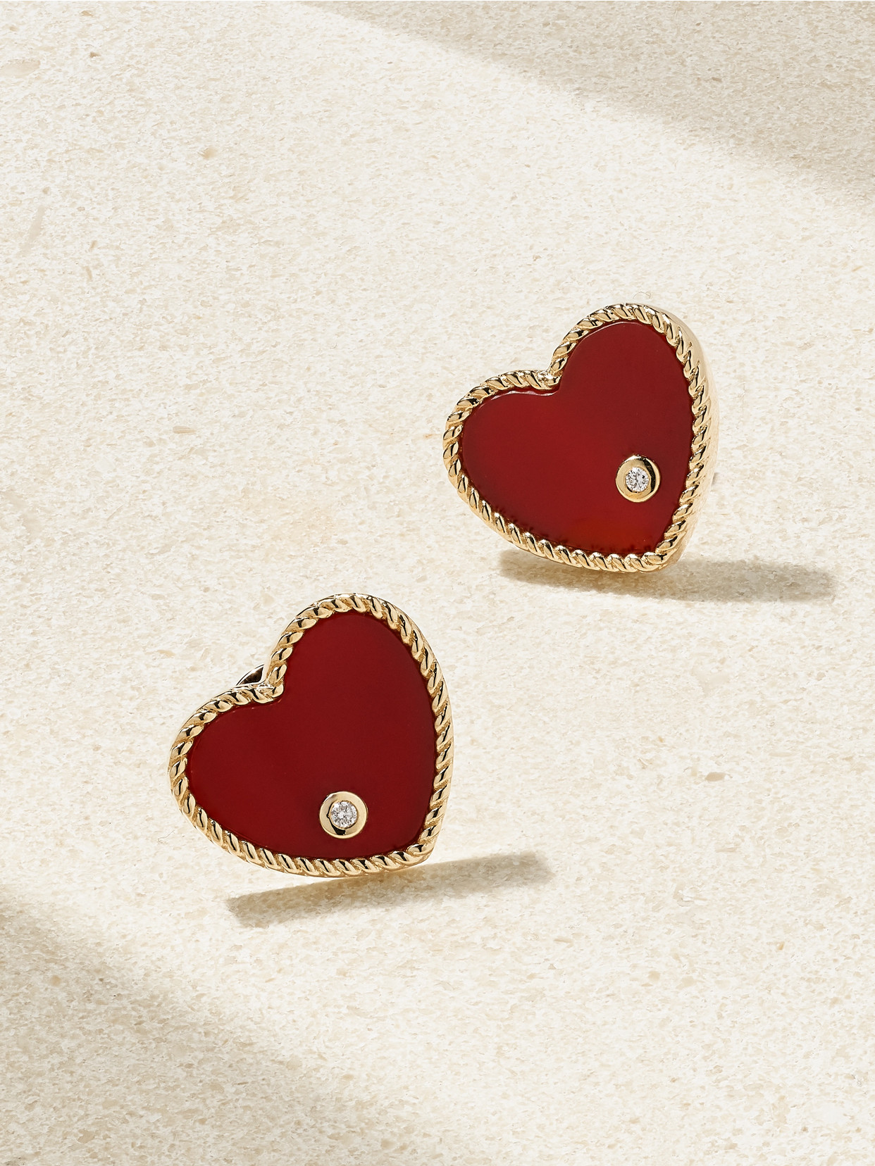 Yvonne Léon Cœur 9-karat Gold, Agate And Diamond Earrings In Red
