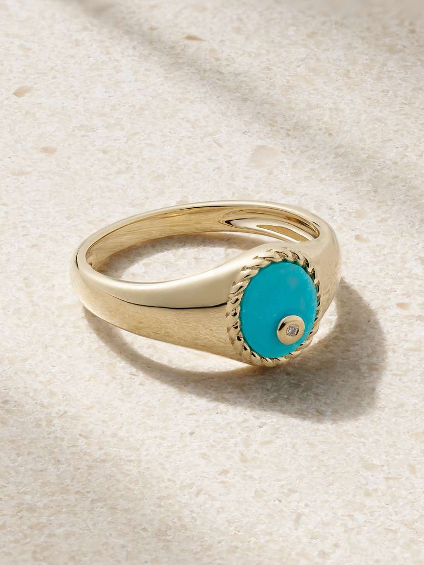 Yvonne Léon Baby Chevalière 9-karat Gold, Turquoise And Diamond Ring