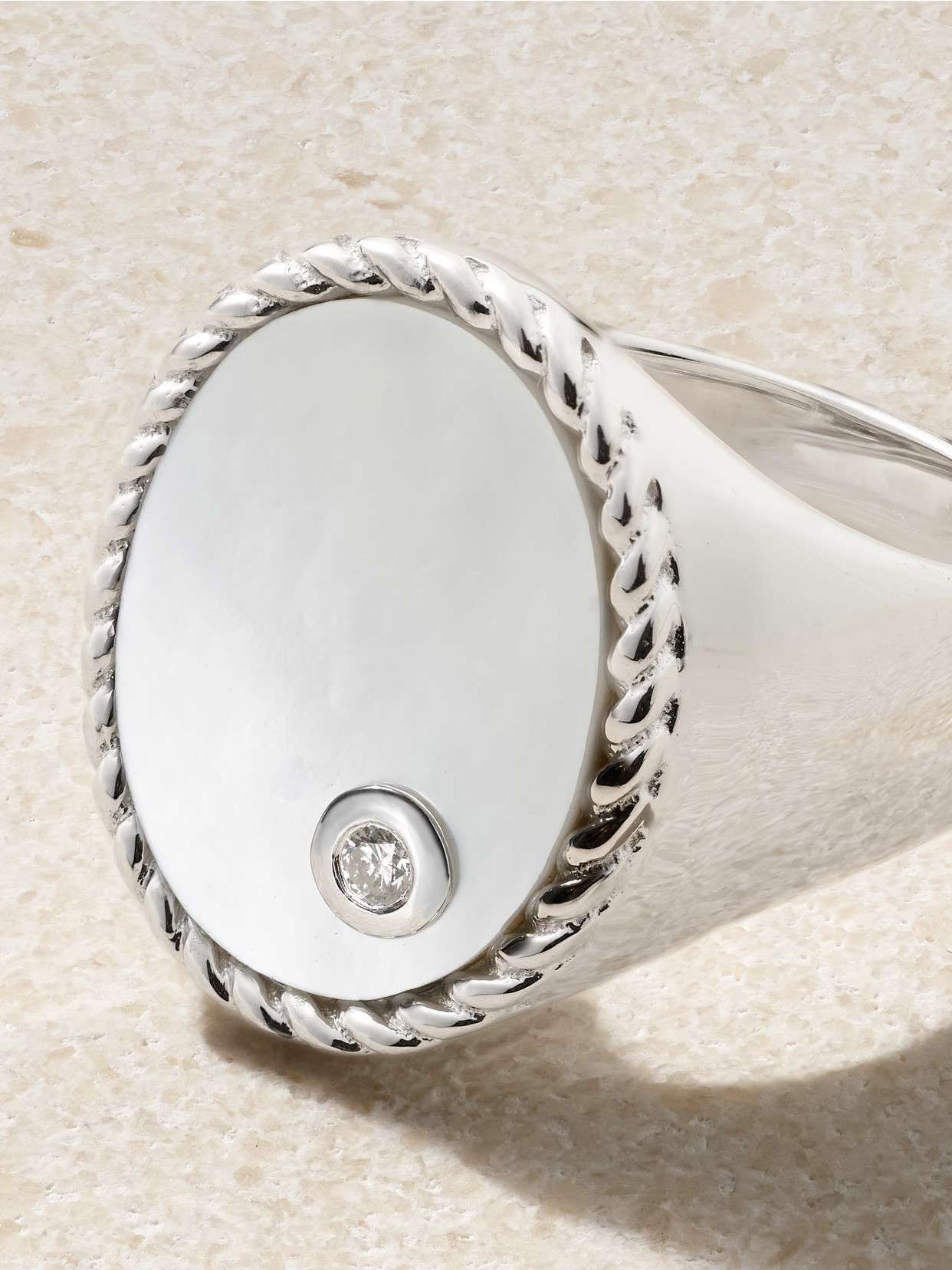 Yvonne Léon Chevalière Ovale 9-karat White Gold, Mother-of-pearl And Diamond Signet Ring In Gold