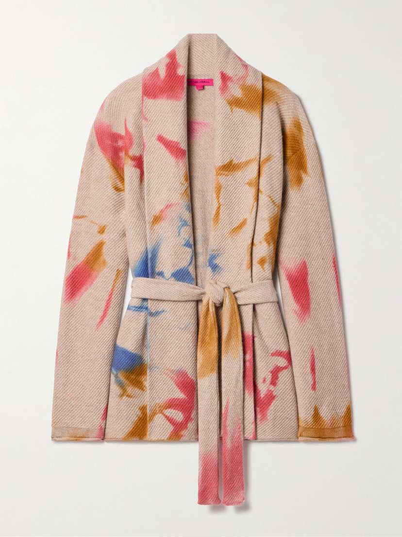 The Elder Statesman Belted Tie-dyed Ribbed Cashmere Cardigan