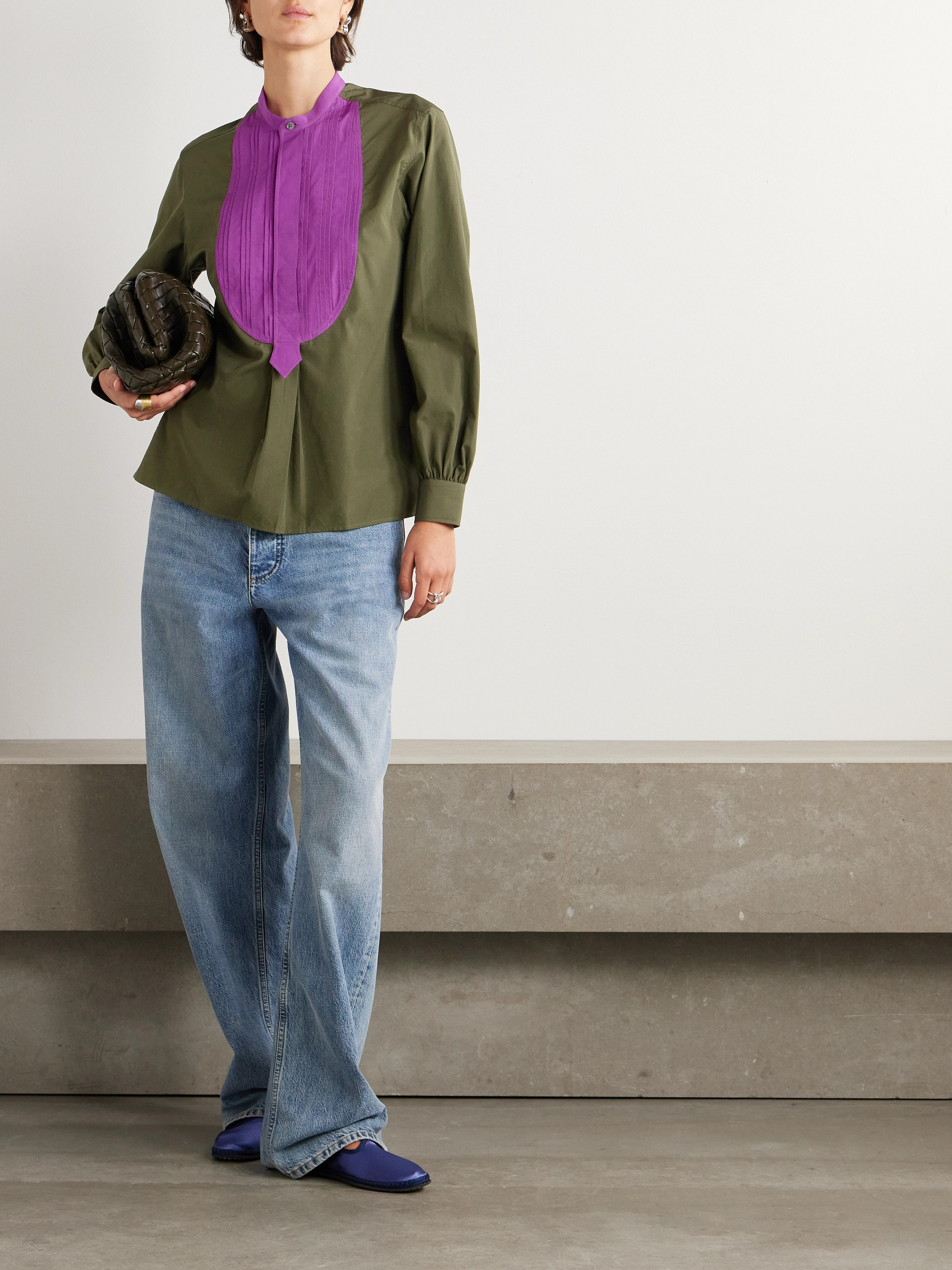 SÉBLINE Painter's pintucked two-tone cotton-poplin shirt