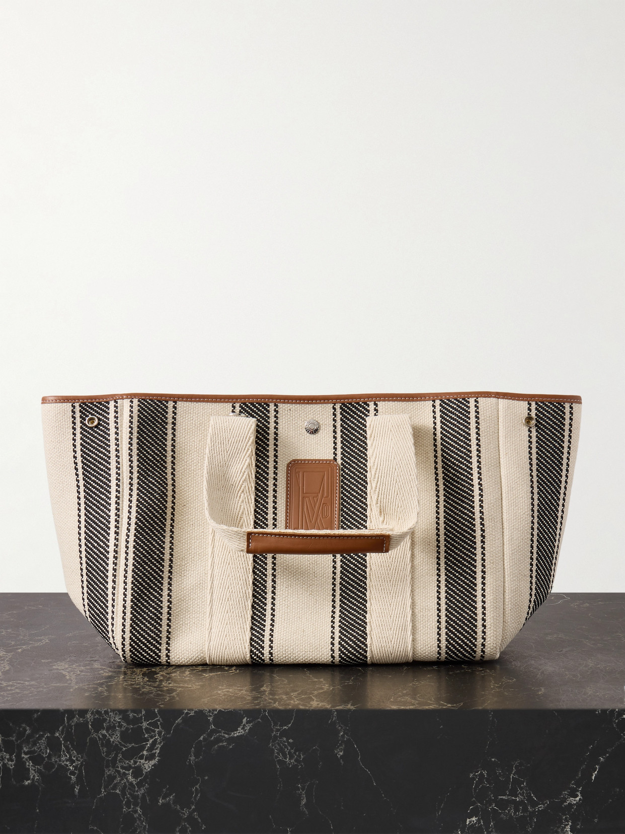 Rue De Verneuil Traversée Medium Leather And Webbing-trimmed Striped Canvas Tote In Grey