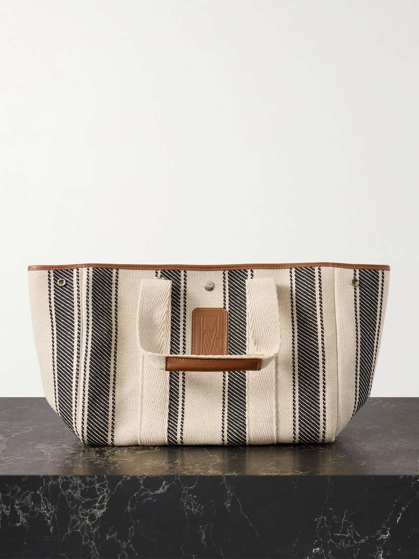 RUE de VERNEUIL Traversée Medium Leather And Webbing-trimmed Striped Canvas Tote