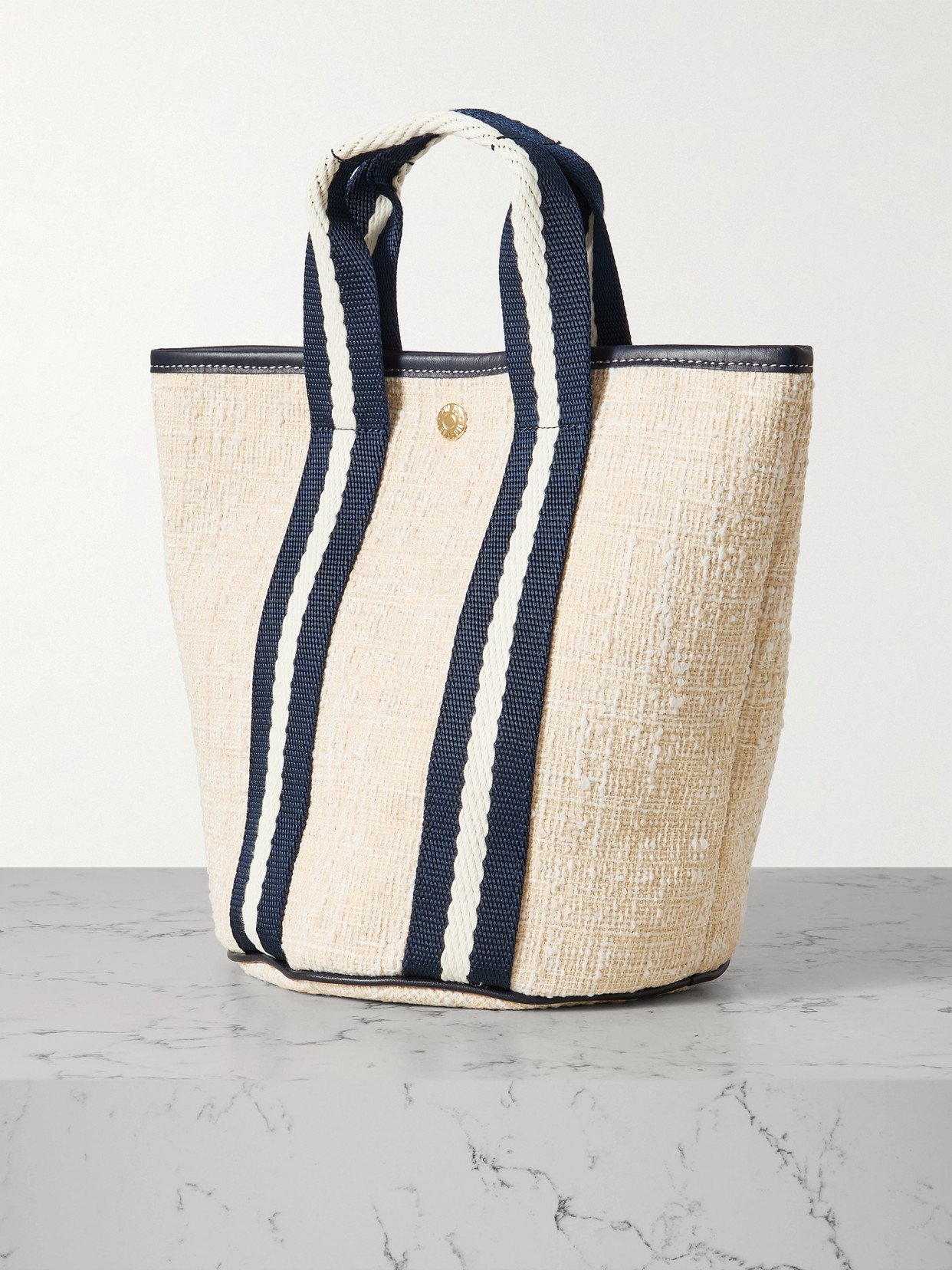 Rue De Verneuil Cruise Bucket Small Leather- And Webbing-trimmed Canvas Tote In Neutrals