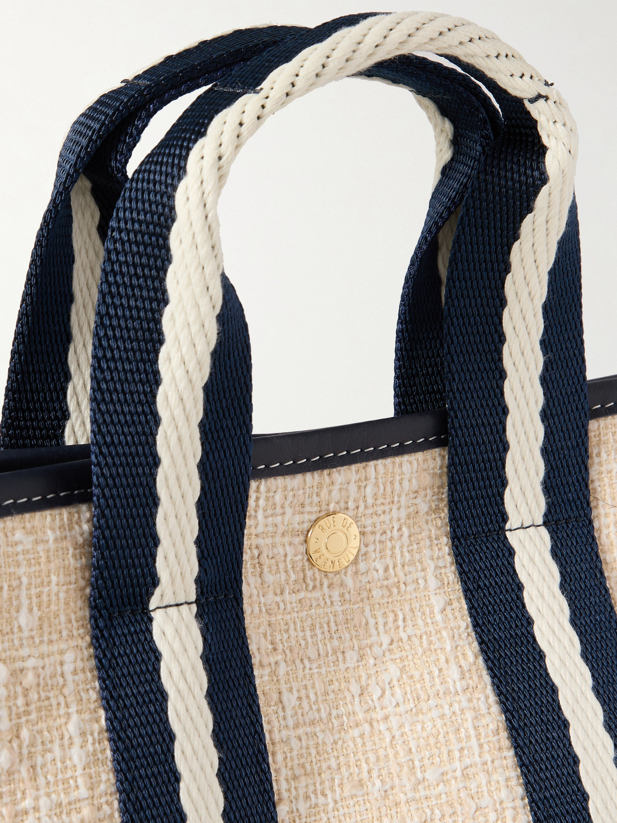 Rue De Verneuil Cruise Bucket Small Leather- And Webbing-trimmed Canvas Tote In Neutrals