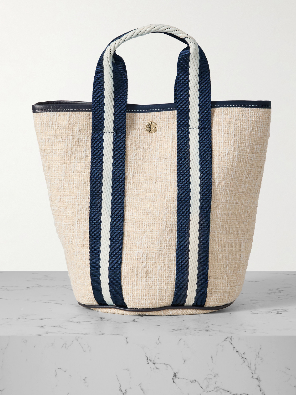 Rue De Verneuil Cruise Bucket Small Leather- And Webbing-trimmed Canvas Tote In Neutrals