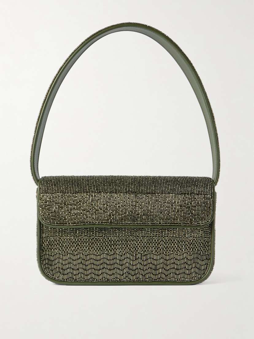 Staud Tommy Beaded Faux Leather-trimmed Satin Shoulder Bag