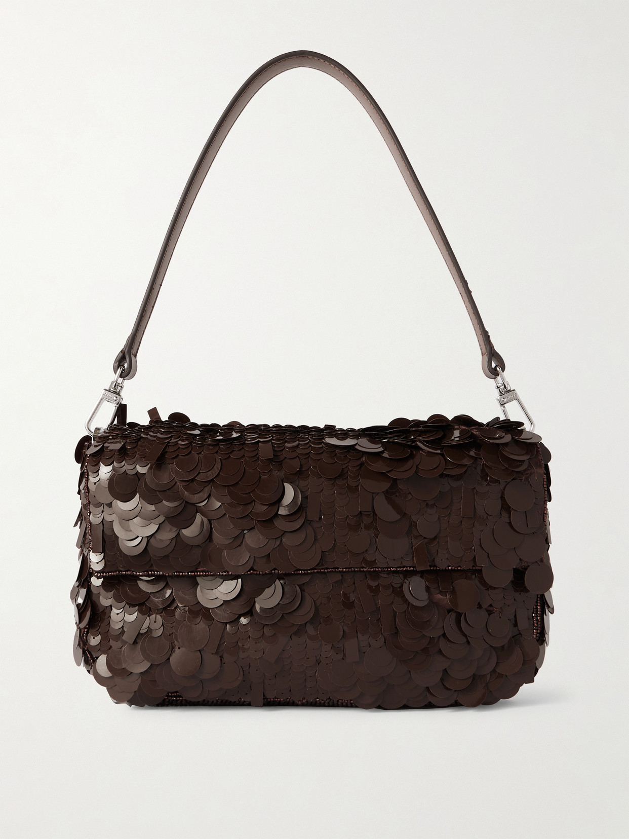 Staud Timmy Embellished Sequined Leather Shoulder Bag In Brown