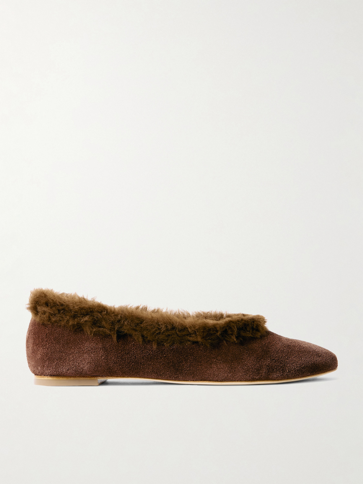 STAUD - Alba Faux Fur-trimmed Suede Ballet Flats - Brown