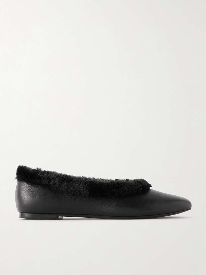 Staud Faux Fur-trimmed Leather Ballet Flats