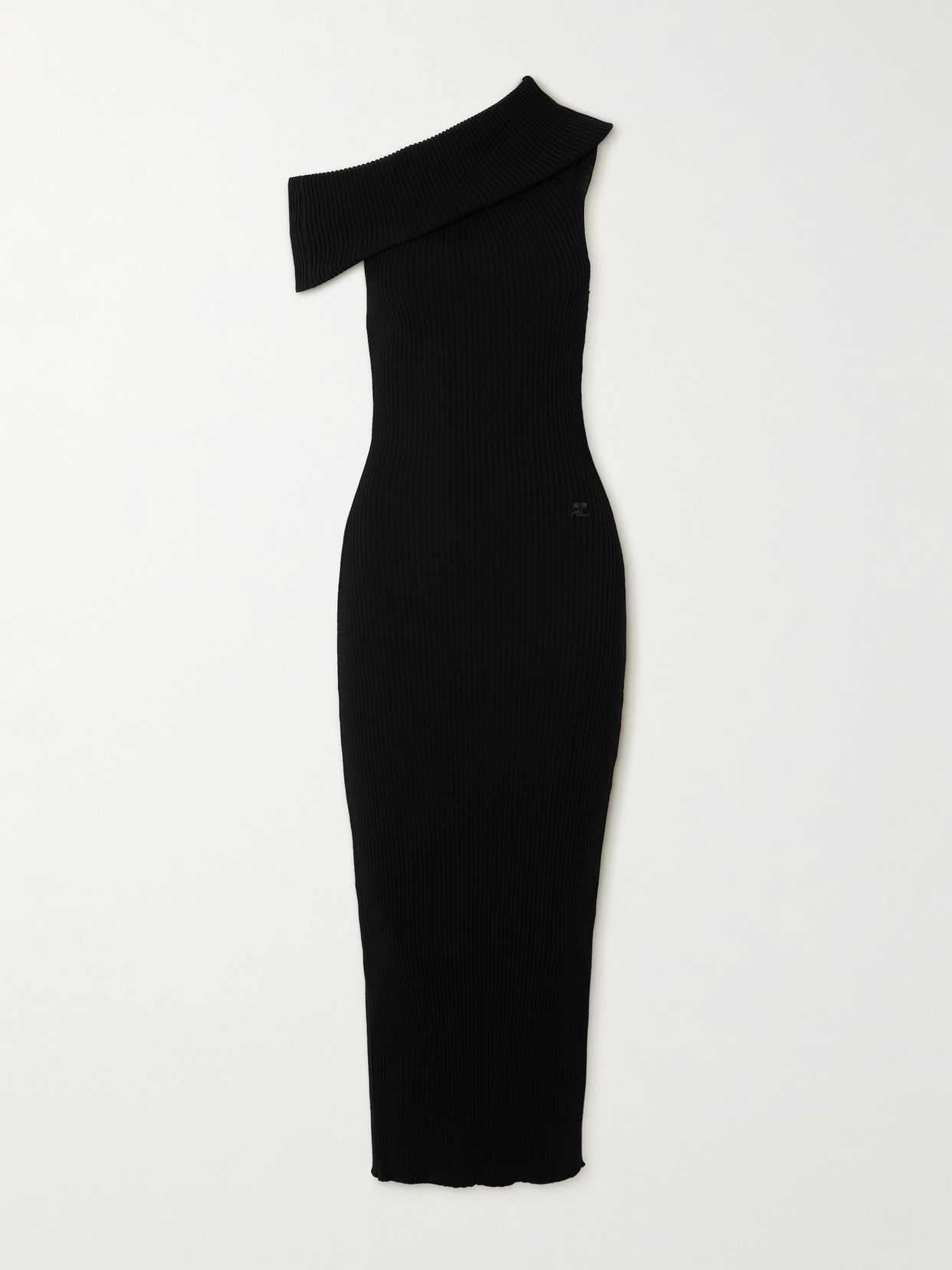 Courrèges Twist Off-the-shoulder Embroidered Ribbed-knit Maxi Dress In Black