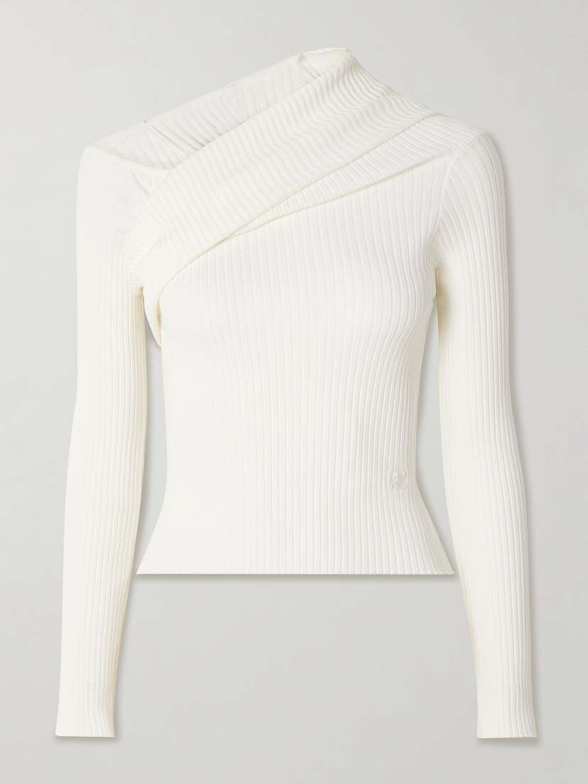 Courrèges Cold-shoulder Gathered Ribbed-knit Sweater - x large