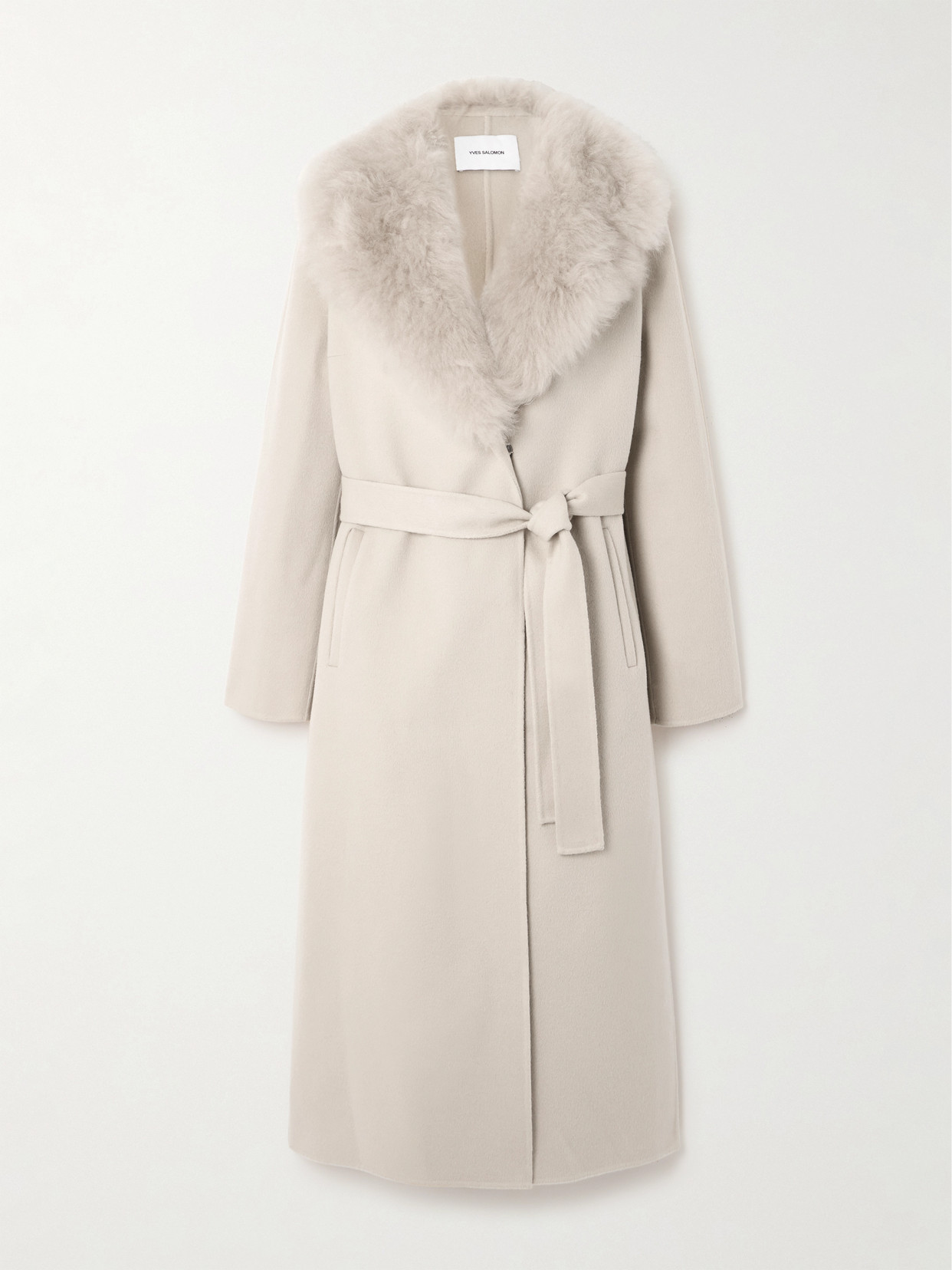 Yves Salomon Belted Shearling-trimmed Wool And Cashmere-blend Coat In Off-white