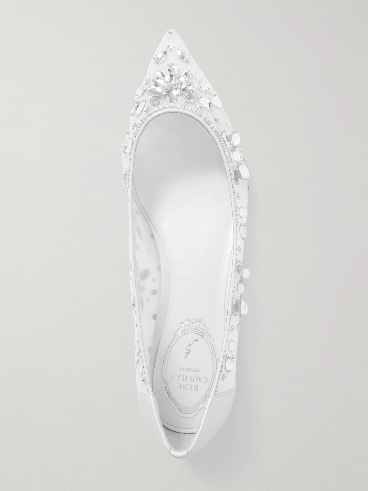 René Caovilla Leather-trimmed Crystal-embellished Tulle Point-toe Flats In White