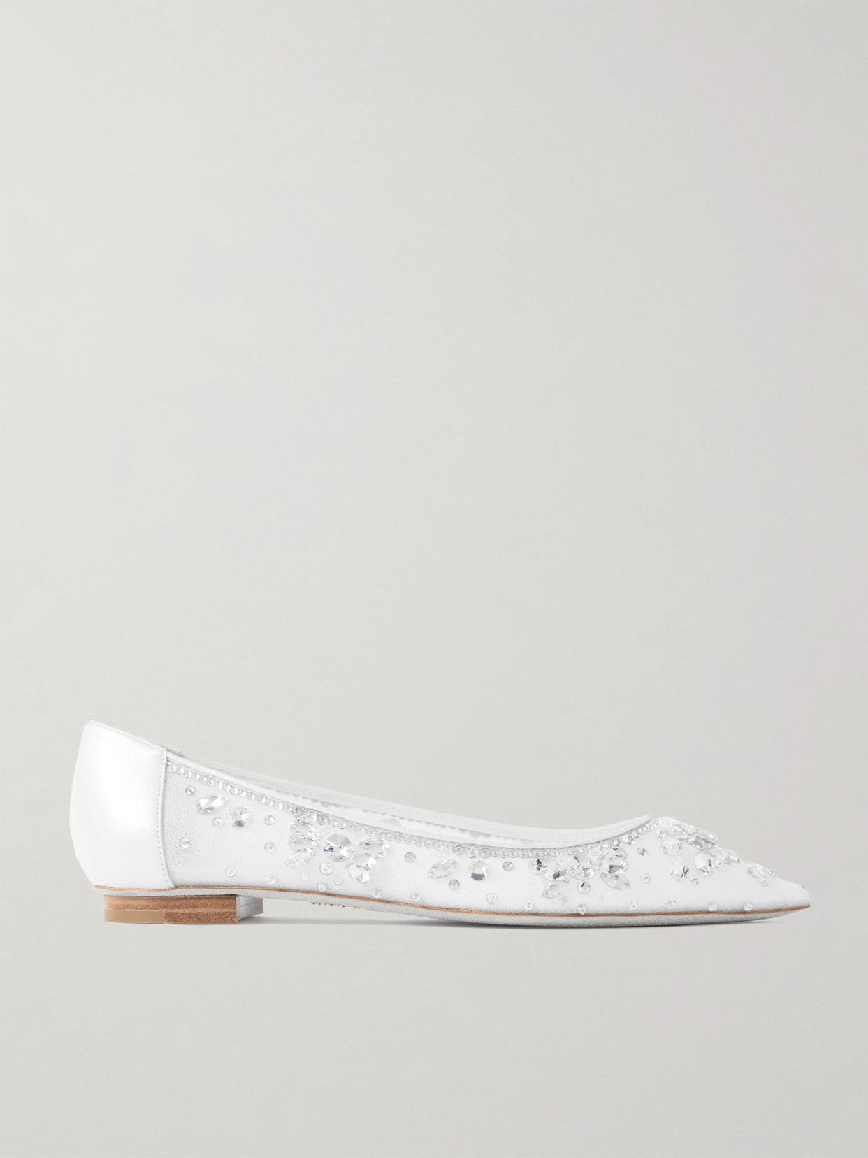René Caovilla Leather-trimmed Crystal-embellished Tulle Point-toe Flats In White