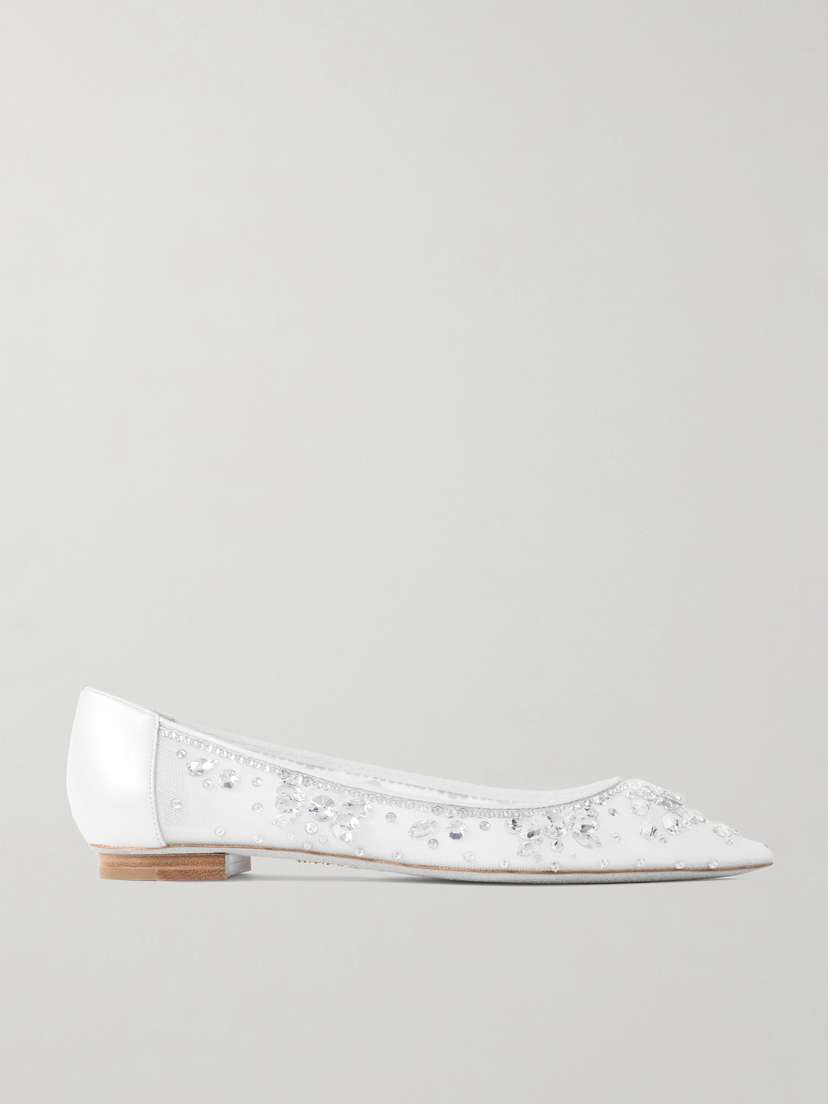 René Caovilla Leather-trimmed Crystal-embellished Tulle Point-toe Flats
