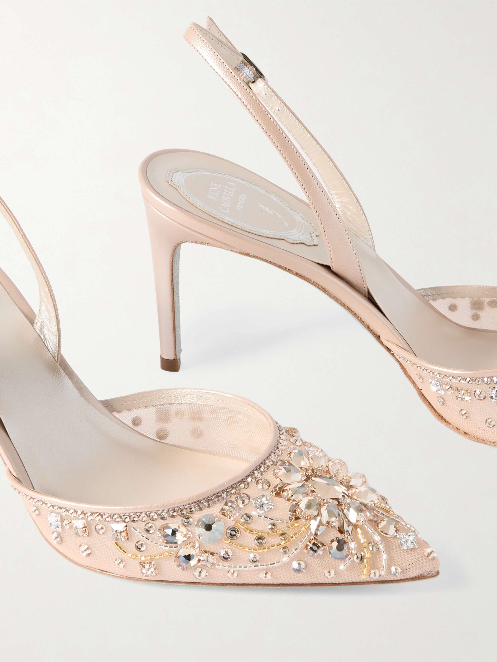 Crystal embellished leather and tulle slingback pumps beige IT36.5