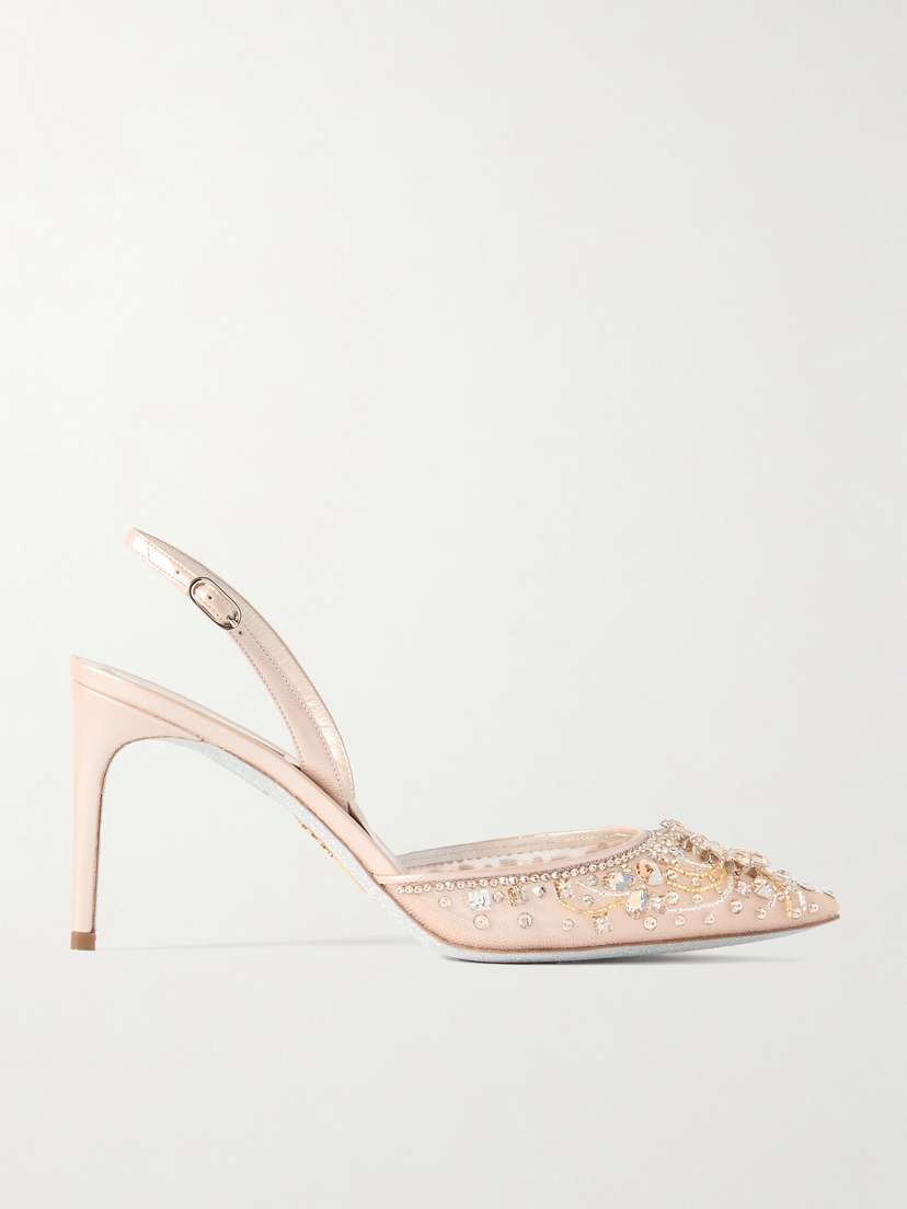 René Caovilla Crystal-embellished Leather And Tulle Slingback Pumps