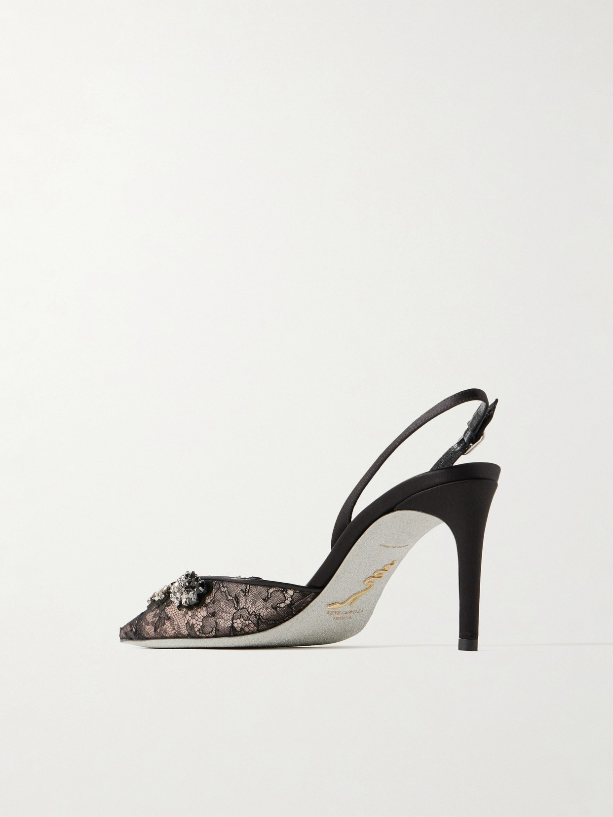 René Caovilla Crystal-embellished Lace And Satin Slingback Pumps In Black