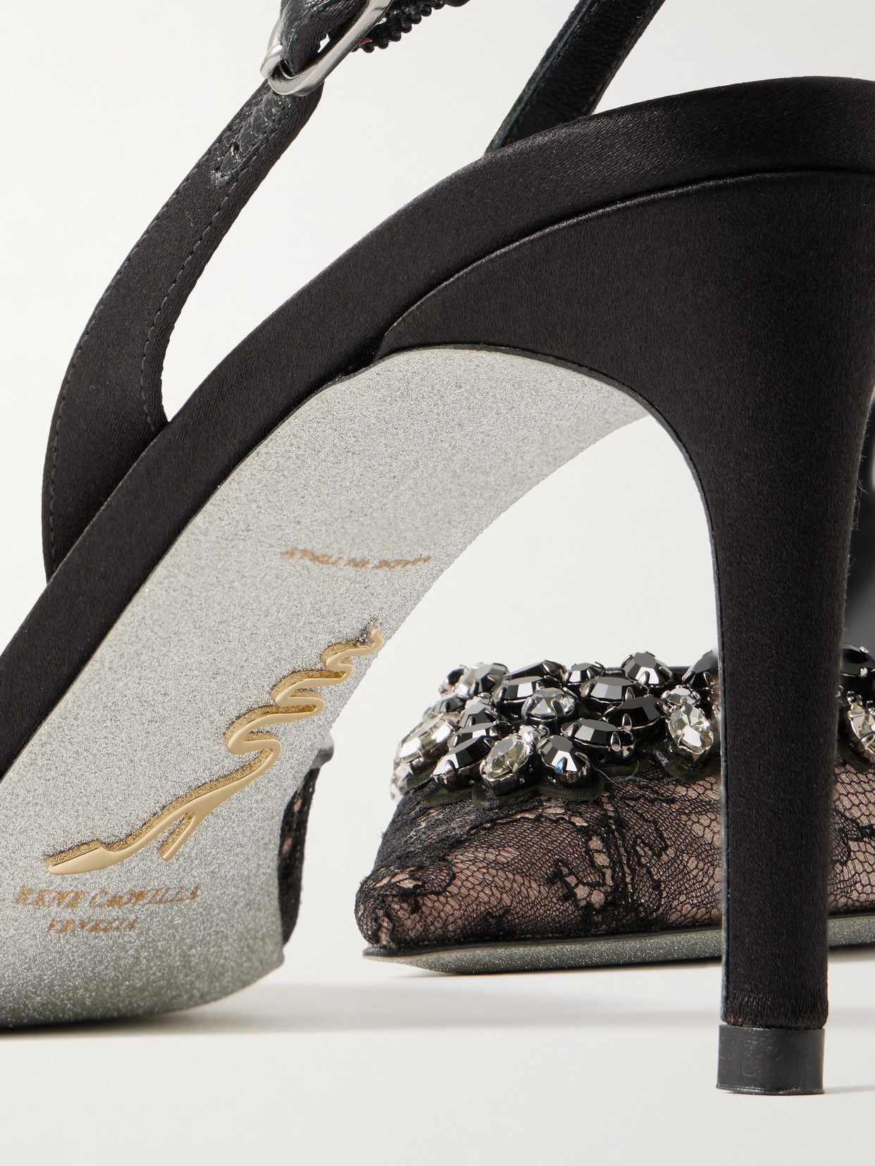 René Caovilla Crystal-embellished Lace And Satin Slingback Pumps In Black