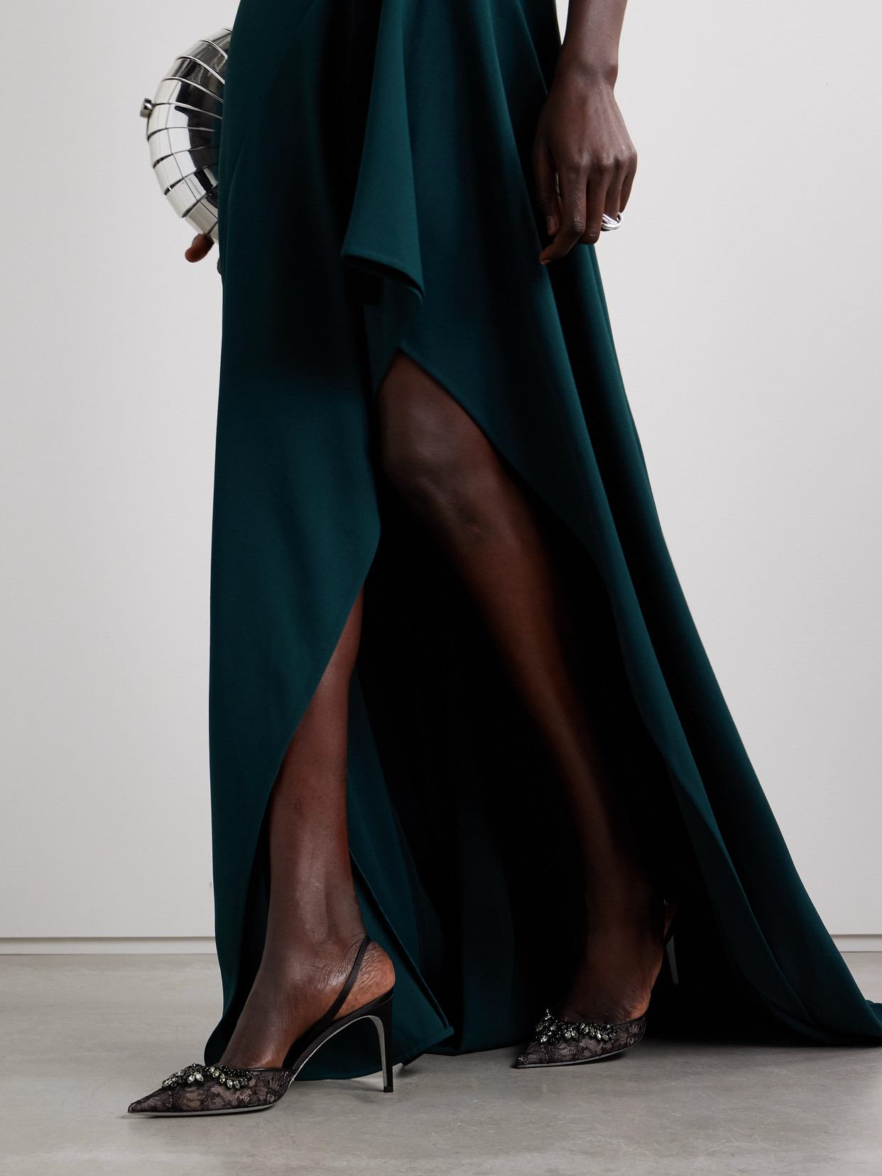 René Caovilla Crystal-embellished Lace And Satin Slingback Pumps In Black