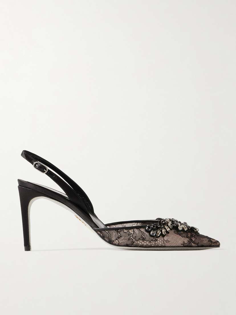 René Caovilla Crystal-embellished Lace And Satin Slingback Pumps