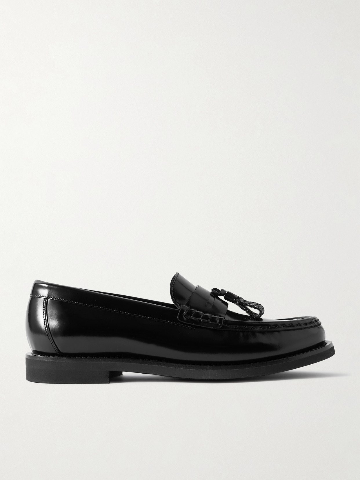 Brunello Cucinelli Bead-embellished Tasseled Glossed-leather Loafers In Black