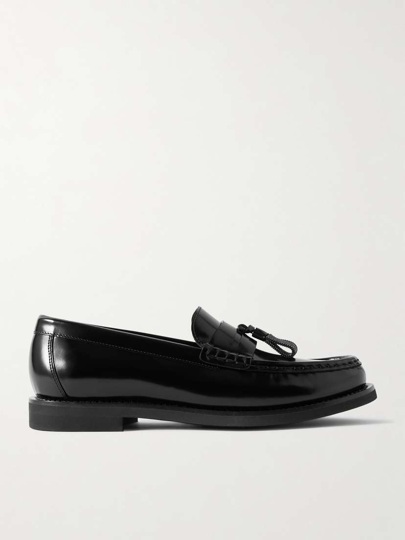 Brunello Cucinelli Bead-embellished Tasseled Glossed-leather Loafers