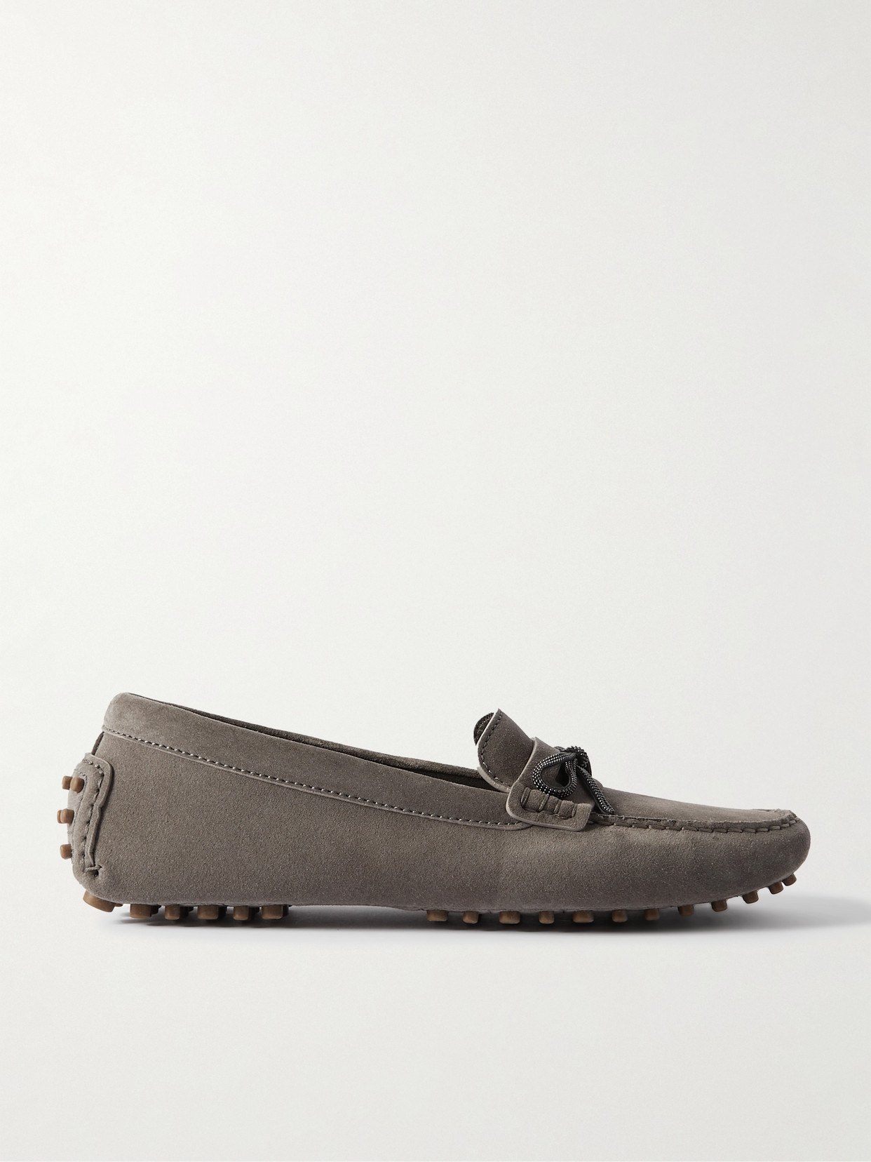 Brunello Cucinelli Embellished Suede Driving Shoes In Gray