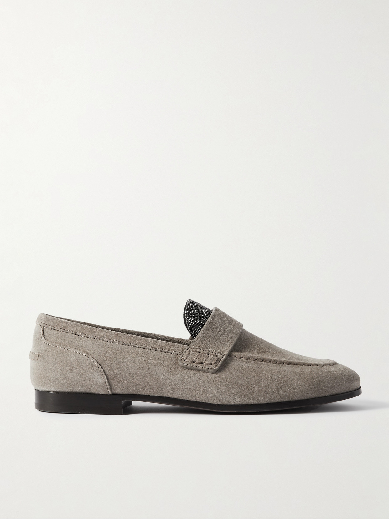 Brunello Cucinelli Embellished Suede Loafers In Gray