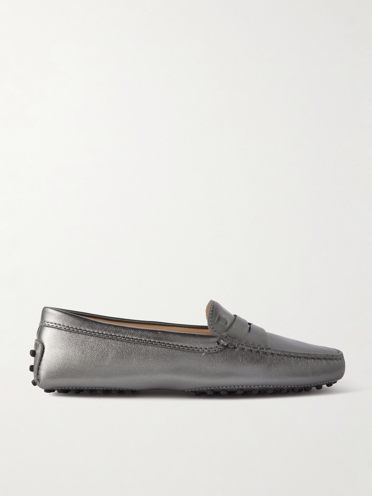 Tod's Gommino Metallic Leather Loafers In Silver