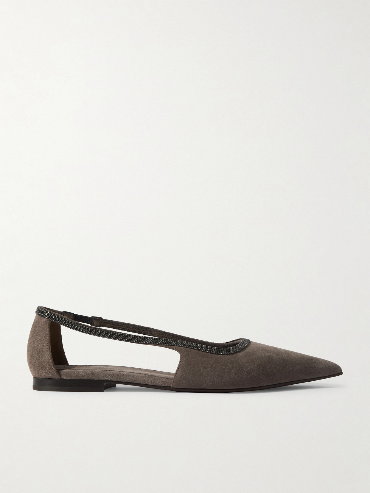 Brunello Cucinelli Bead-embellished Suede Point-toe Flats In Gray