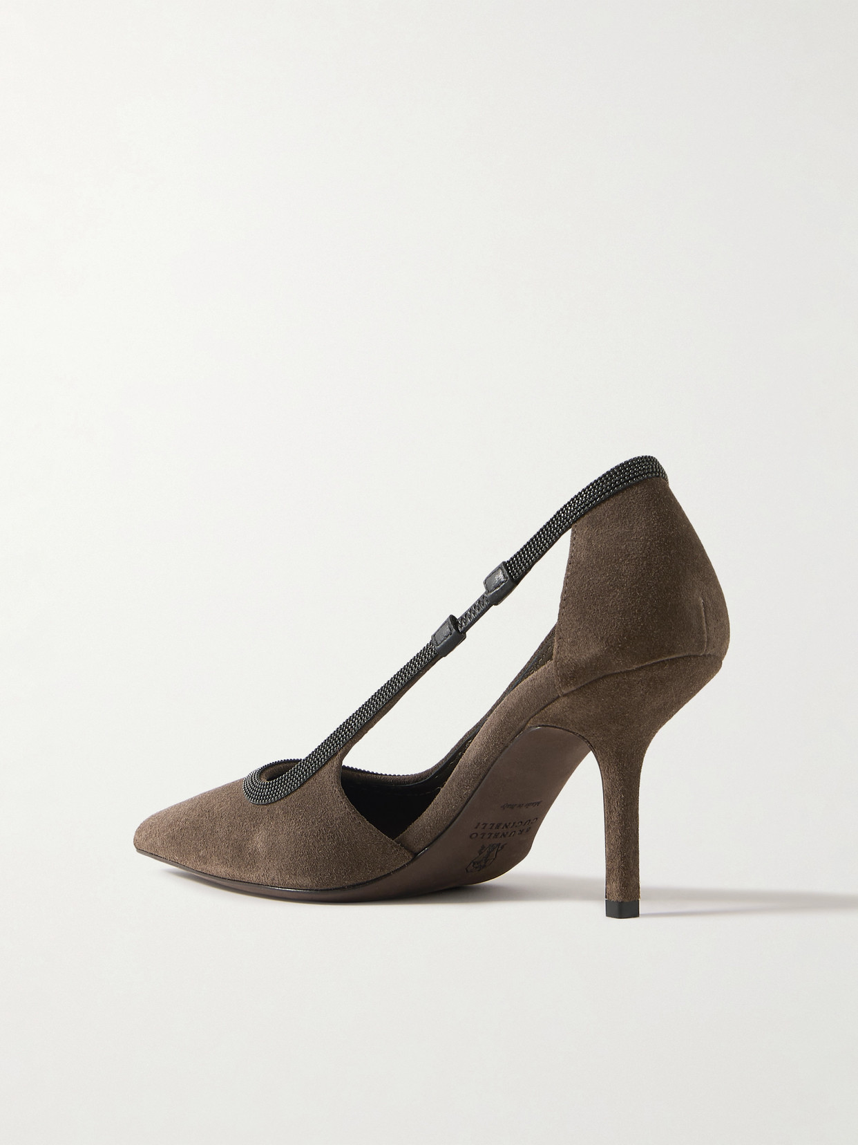 Brunello Cucinelli Cutout Bead-embellished Suede Pumps In Brown