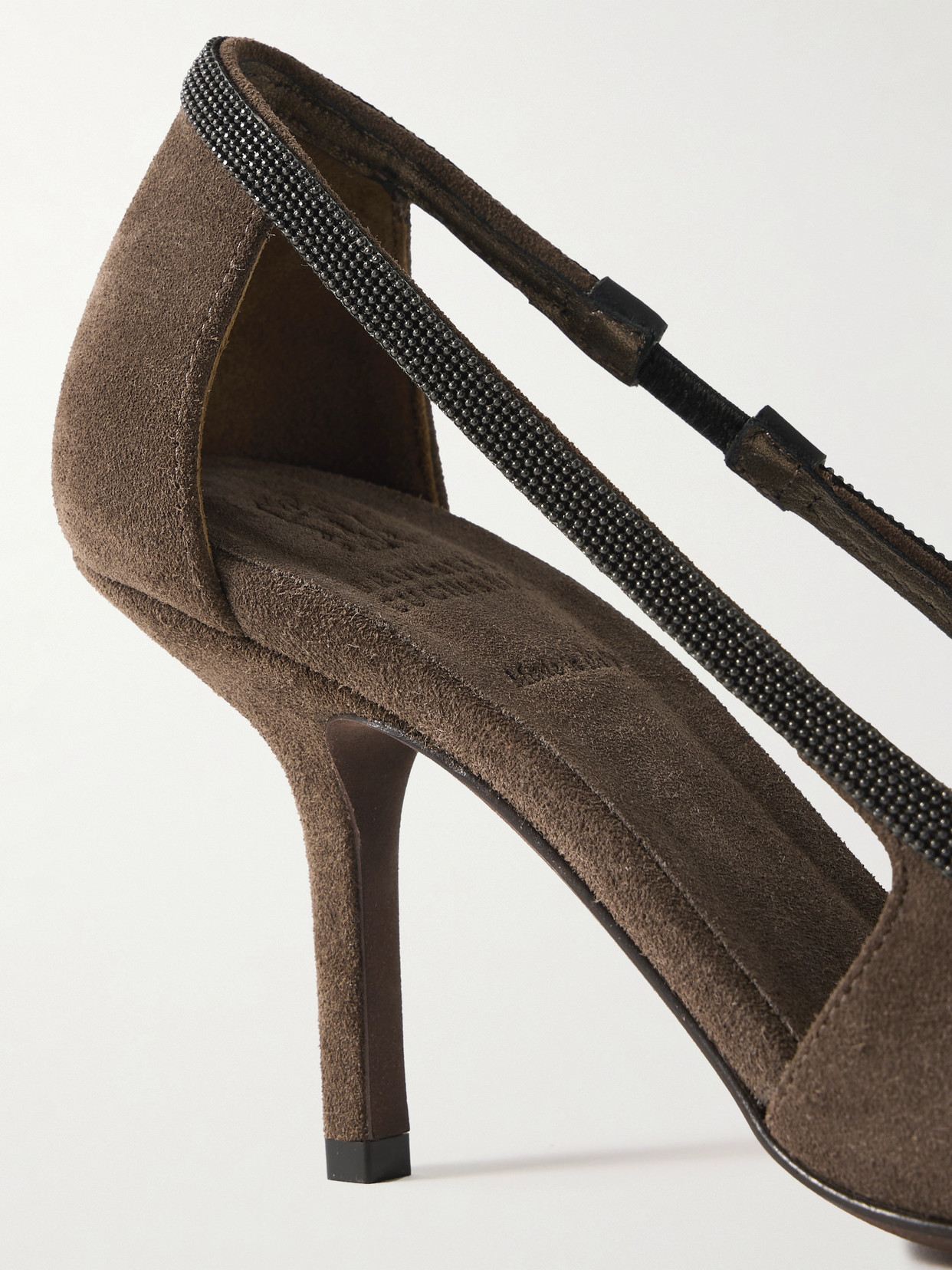Brunello Cucinelli Cutout Bead-embellished Suede Pumps In Brown