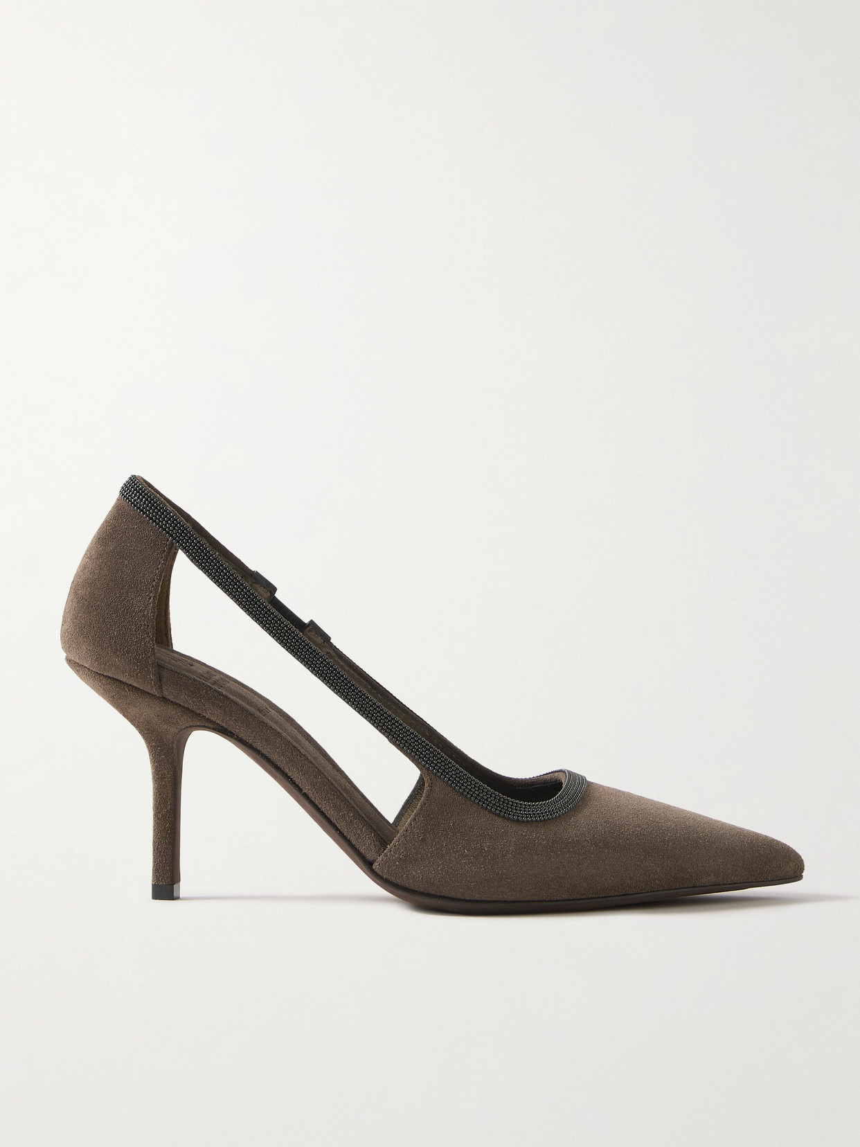 Brunello Cucinelli Cutout Bead-embellished Suede Pumps In Brown