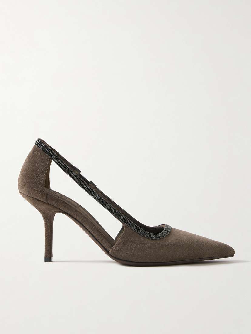 Brunello Cucinelli Cutout Bead-embellished Suede Pumps
