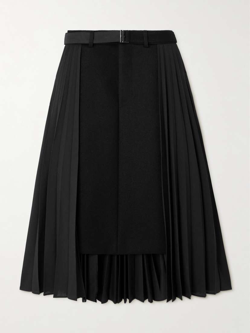 Sacai Belted Layered Wool And Pleated Grain De Poudre Midi Skirt
