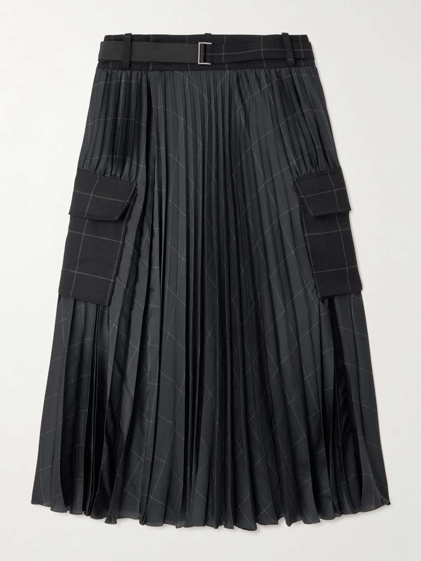 Sacai Belted Wool-trimmed Pleated Checked Satin Midi Skirt