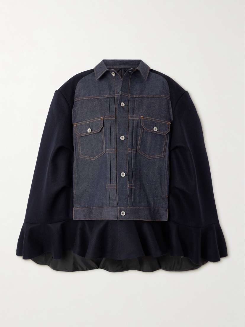 Sacai Ruffled Wool-felt And Denim Cape