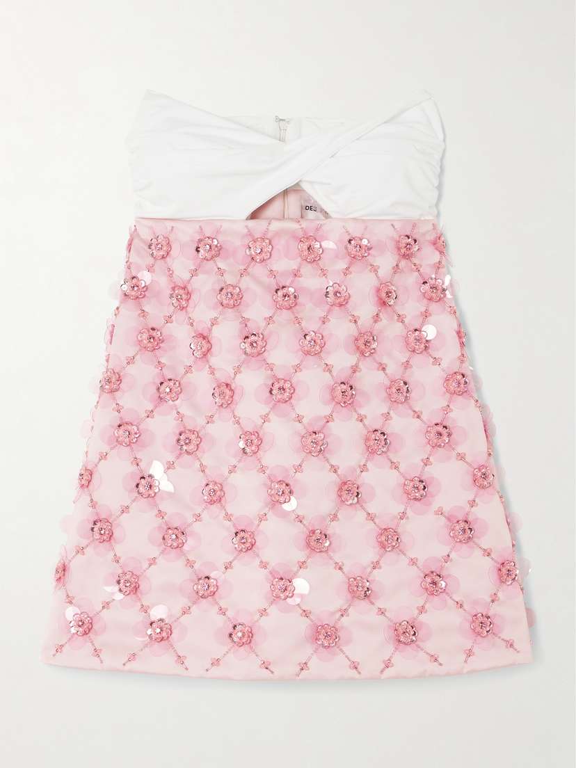 DES_PHEMMES Strapless Twist-front Jersey And Embellished Duchesse-satin Mini Dress