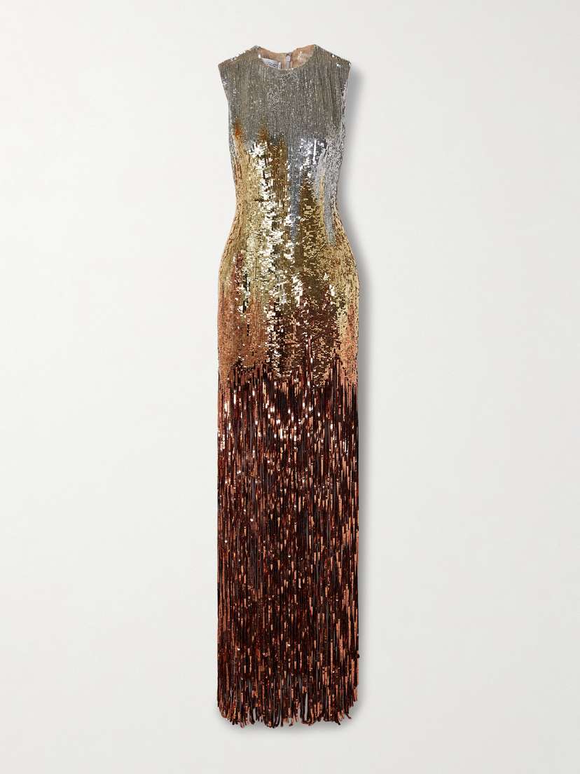 Oscar de la Renta Fringed Ombré Sequined Tulle Gown