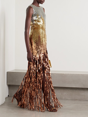 Oscar de la Renta Fringed ombré sequined tulle gown