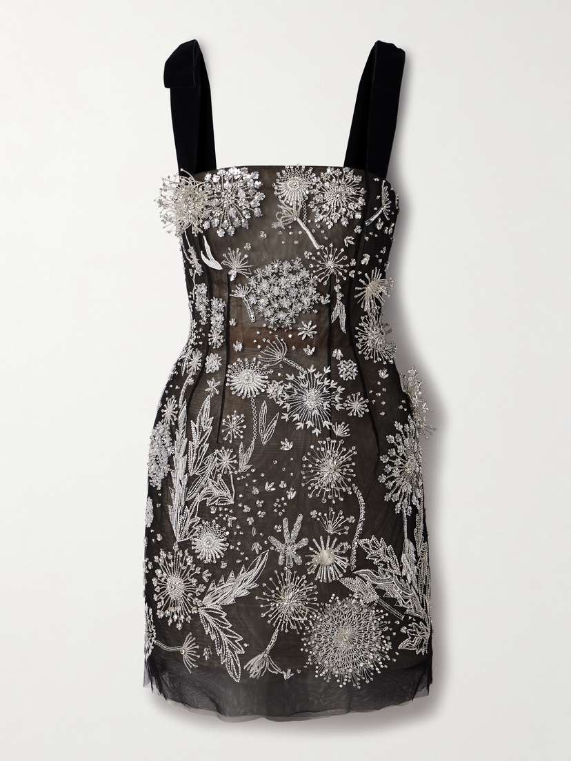 Oscar de la Renta Velvet-trimmed Embroidered Embellished Tulle Mini Dress