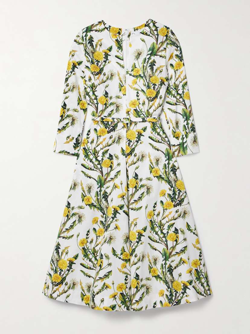 Oscar de la Renta Belted Floral-print Cotton-blend Poplin Midi Dress