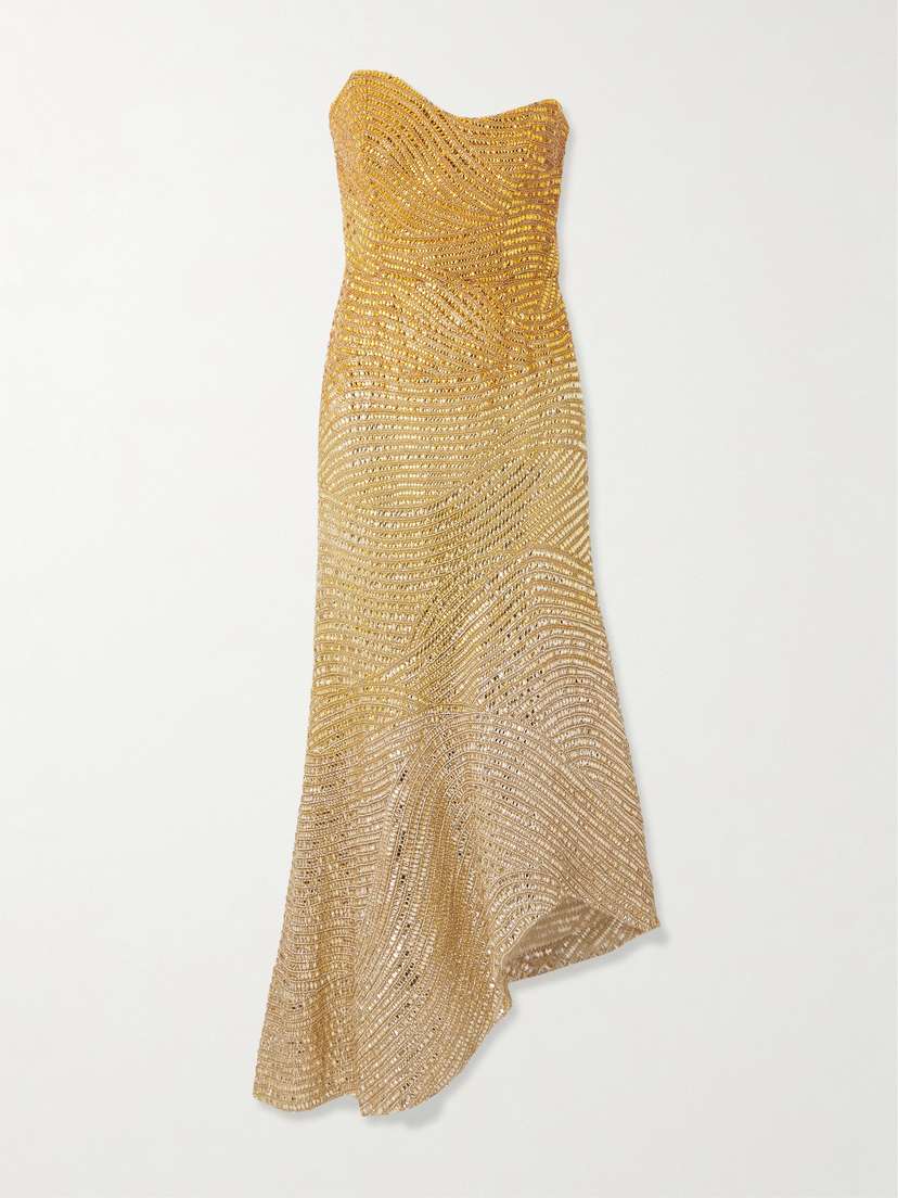 Oscar de la Renta Strapless Asymmetric Crystal-embellished Tulle Gown