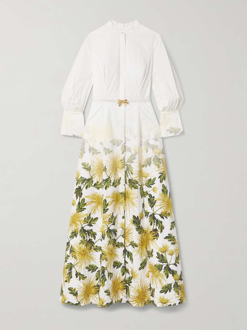 Oscar de la Renta Belted Embellished Floral-print Cotton-blend Poplin Maxi Dress